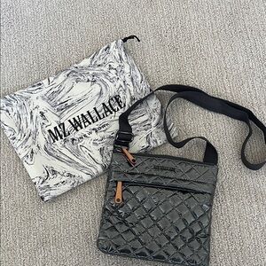 Like New!  MZ Wallace Metro Flat Quilted Crossbody in Pewter Gray Metallic